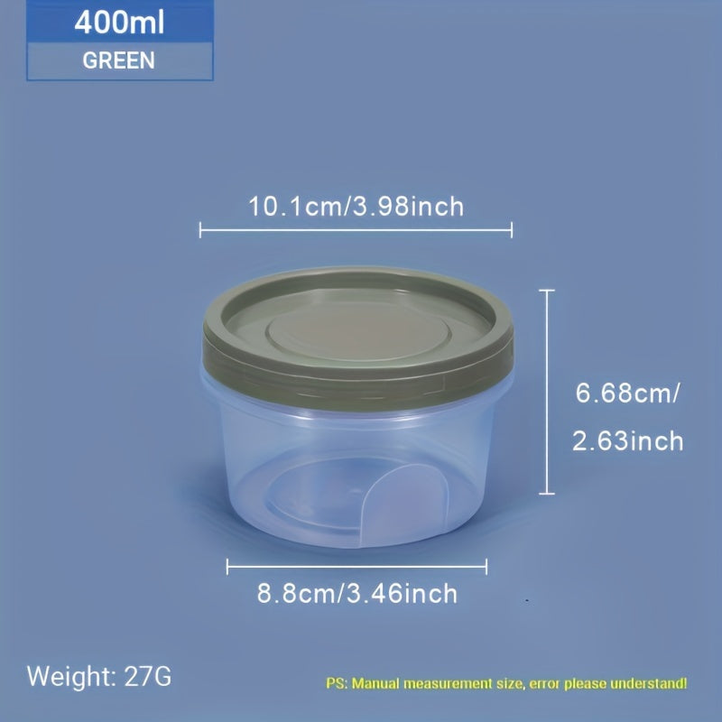 Five pieces of round plastic containers with reusable lids, ideal for storing food, snacks, and lunch. These small freezer storage jars come with screw lids and are microwave safe.