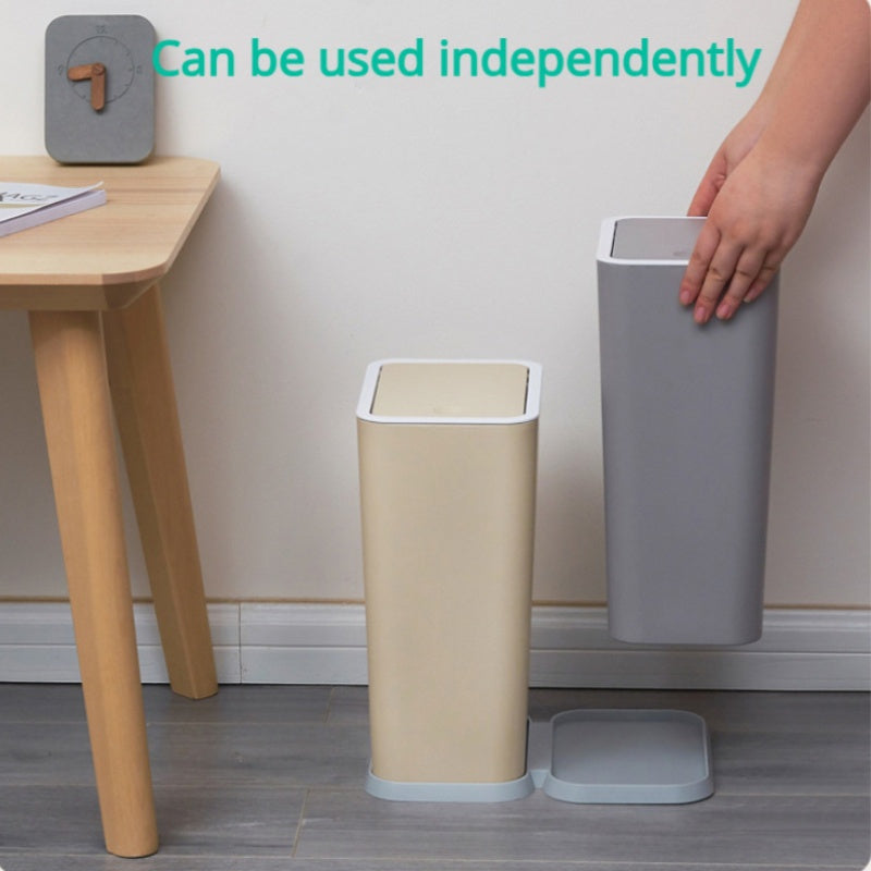 Set of two slim press-top trash cans, with one specifically designed for recycling and storage. Made of durable plastic that does not require electricity, ideal for use in bathrooms and living rooms.