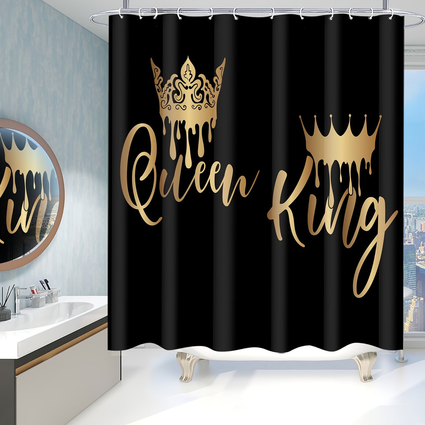 1pc/4pcs King and Queen Polyester Waterproof Insulation Bathroom Shower Curtain + 12 Hooks, Non-slip Mat, U-shaped Floor Mat, Round Toilet Seat Mat Set for All Scenes