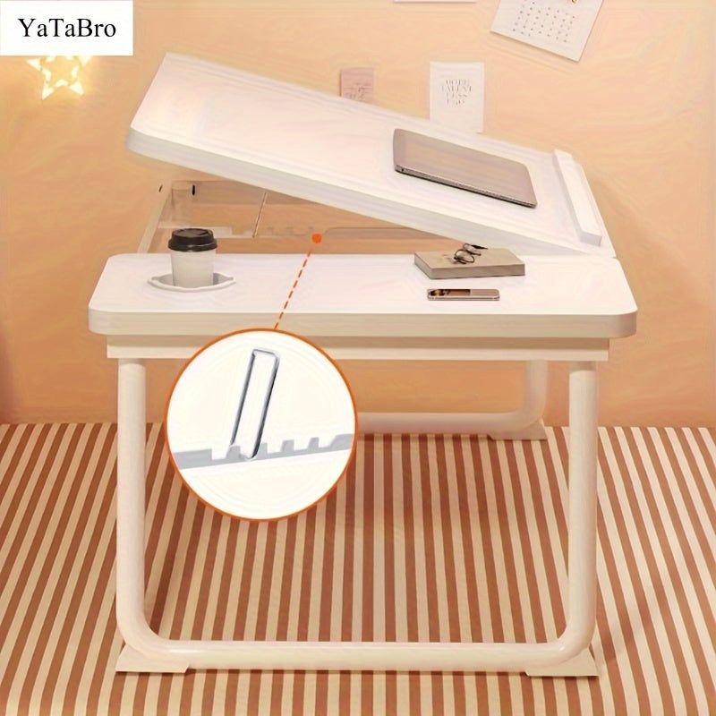 YaTaBro Adjustable Laptop Desk with Cup Holder and Non-Slip Edges, Wood Fiber Board Computer Table for Teens, Portable Desk for Study and Office Use - Black/White