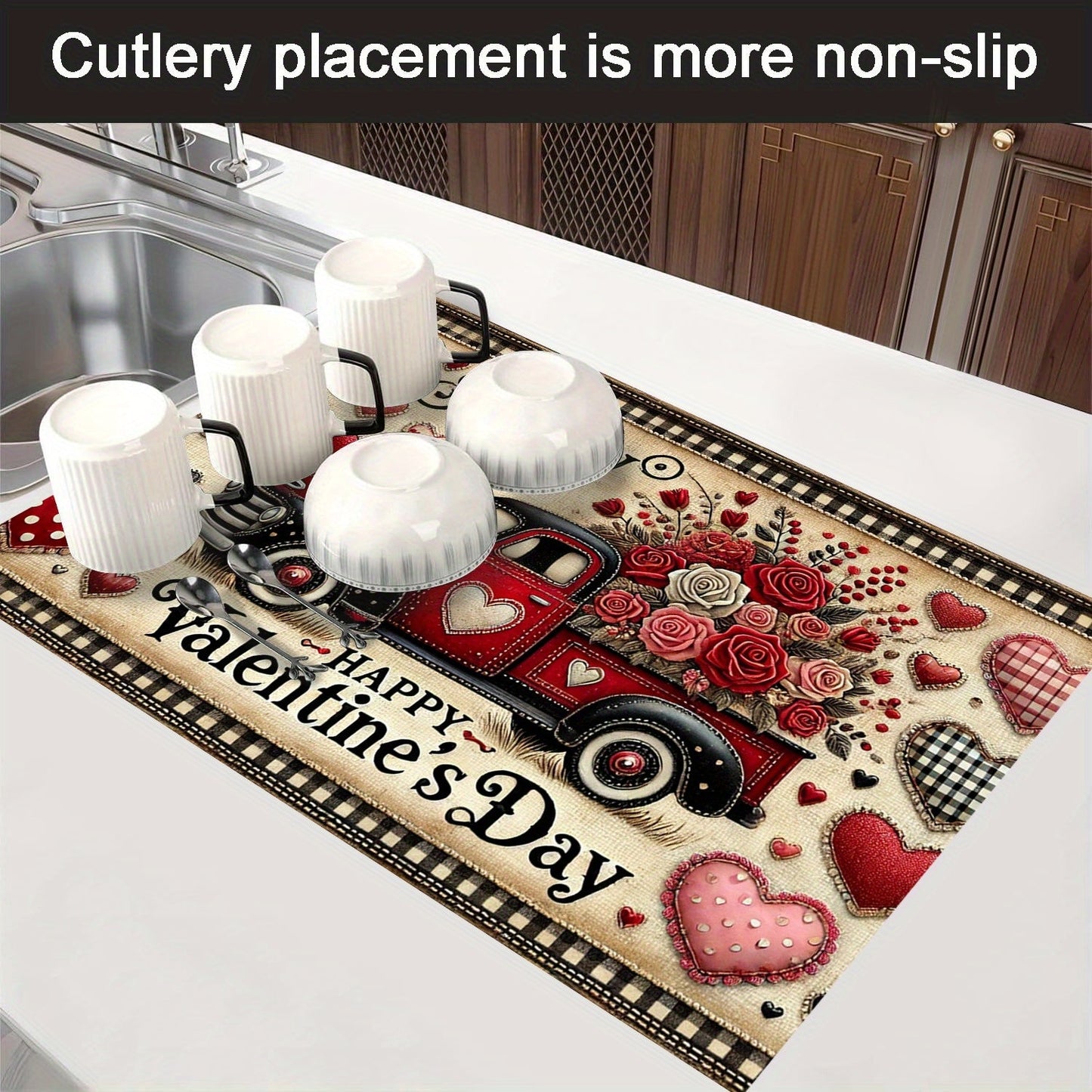 Upgrade your kitchen with a stylish Valentine's Day themed stove panel protector featuring a red truck and heart design. This durable polyester protector is heat and scratch resistant, easy to clean, and perfect for keeping your stove top looking great.