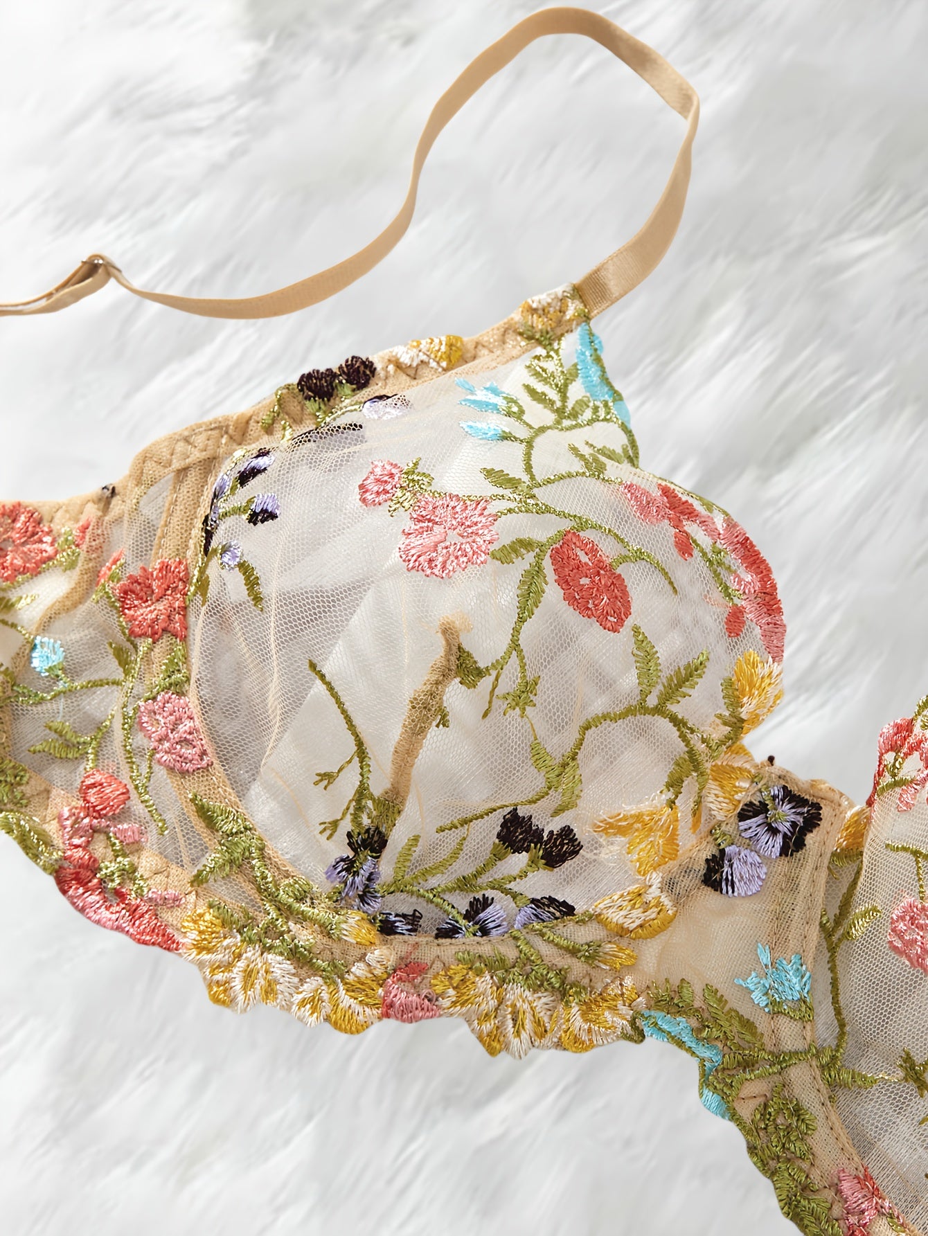 Floral Embroidered Lingerie Set: Sheer Mesh Bra & Panties, Ideal for Date Night or Honeymoon