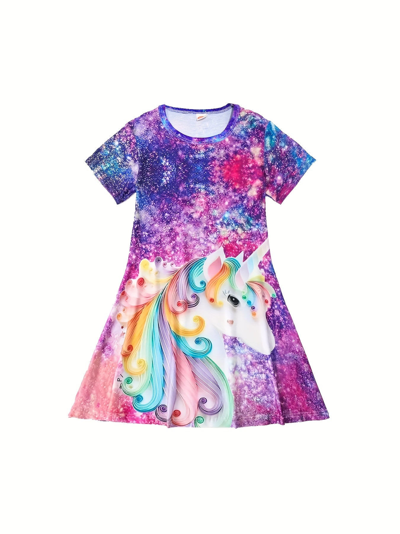 Girls' starry unicorn dress with digital print, round neck, and short sleeves for parties and casual wear.