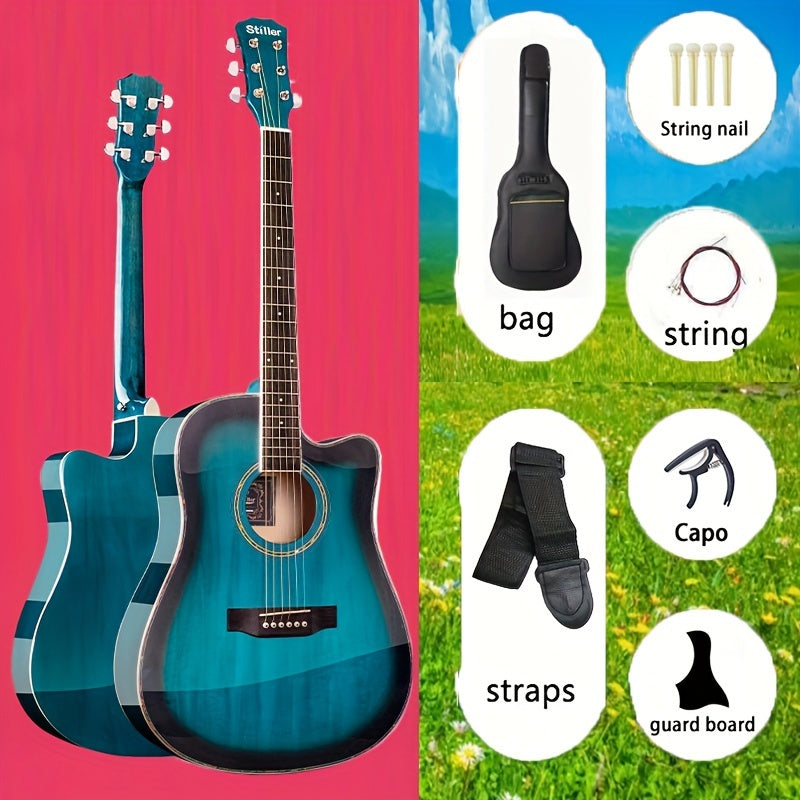 DLASO Beginner Acoustic Guitar 101.6cm with Rosewood Fingerboard, Spruce Top, Maple Neck, and Basswood Back & Sides. Includes bag, straps, pick, connecting line, and tuner.