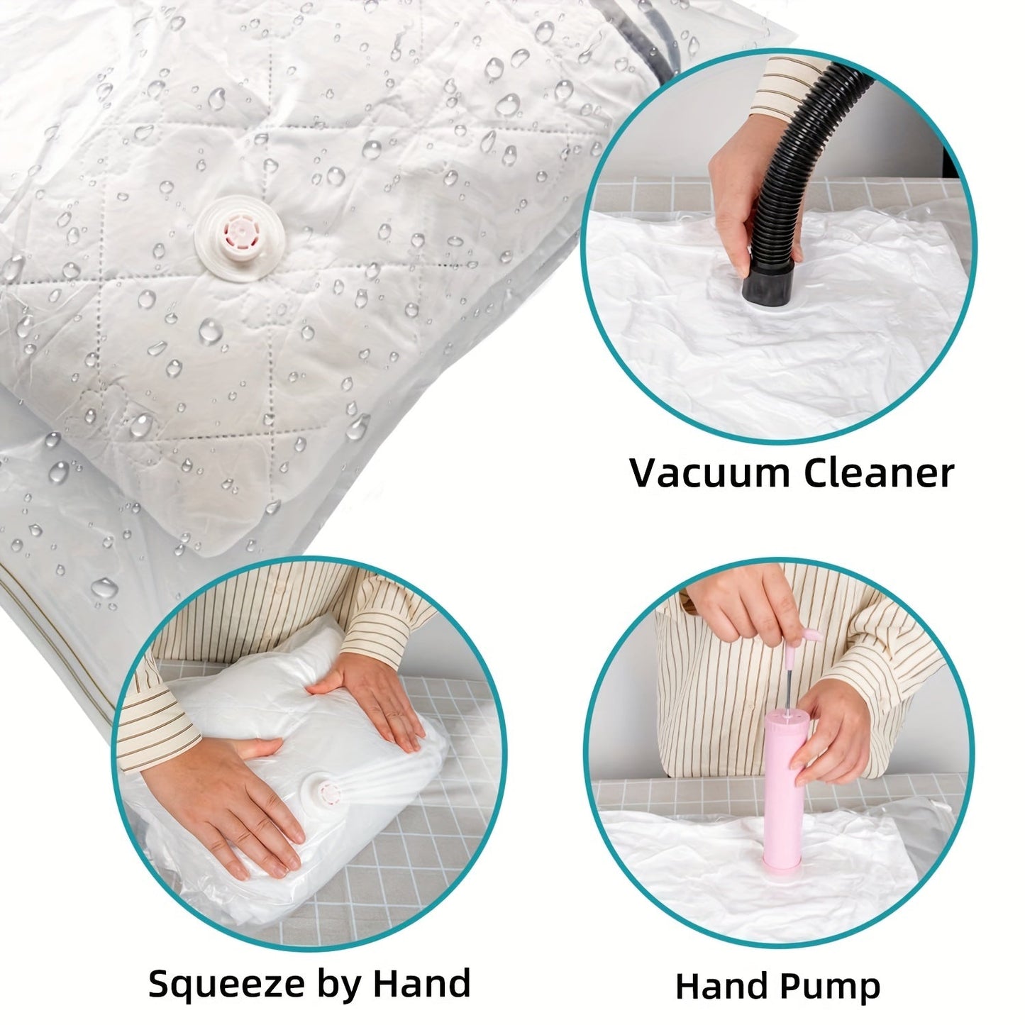 Set of 7 vacuum storage bags with a hand air pump, ideal for compressing clothes, mattresses, blankets, duvets, pillows, and comforters. Perfect for organizing and maximizing space while traveling or moving. These foldable bags are a must-have for any