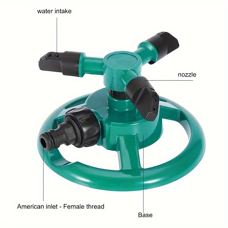 Durable garden sprinkler with 360-degree rotation for efficient watering of lawns and plants, easy to set up and water-saving.