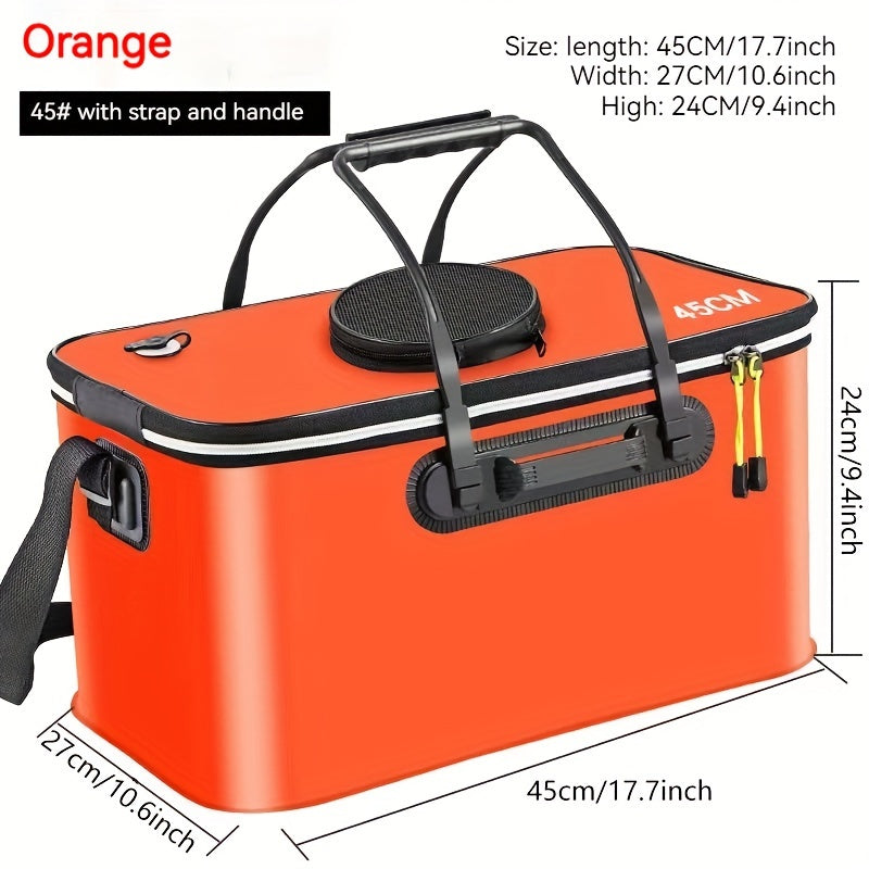 Compact EVA fishing gear bag with collapsible live fish bucket and tackle storage, waterproof and zip closure for camping.