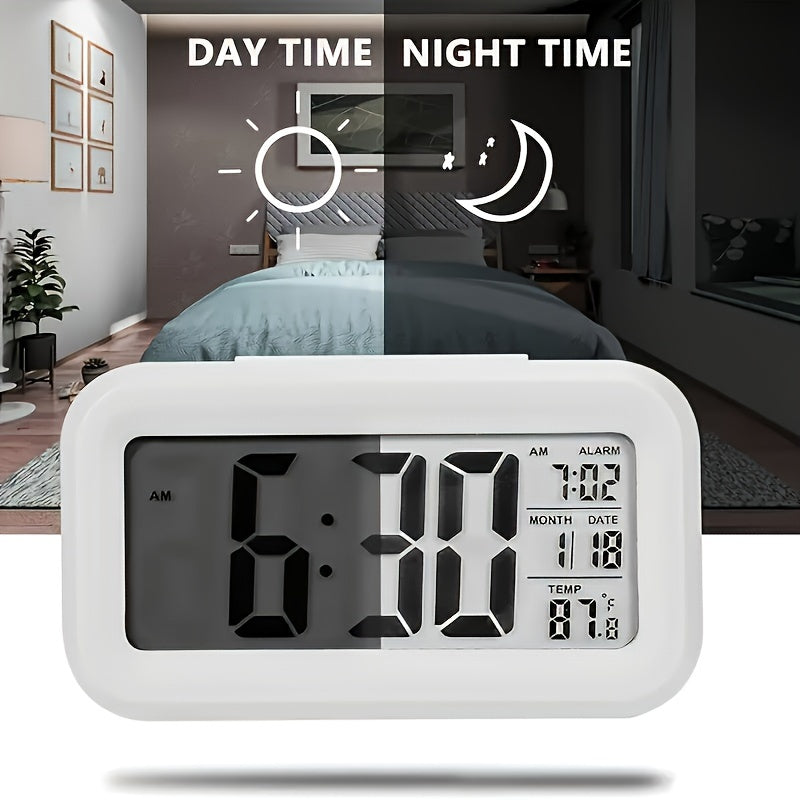 Smart LCD Display Digital Alarm Clock with Indoor Temperature, Date, and Light Sensor - Features Backlight and Night Light, Ideal for Home and Bedroom Use. Battery Operated Desk Clock suitable for Ages 14 and Up.