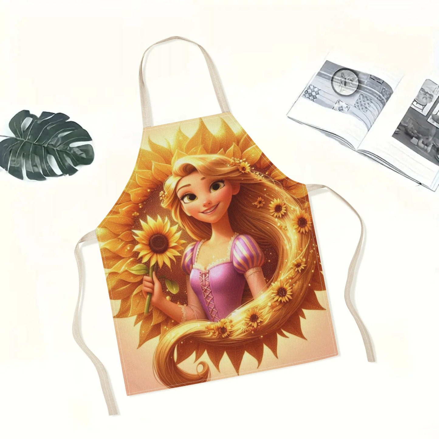 Waterproof Disney Elsa apron featuring a vibrant cartoon princess design with sunflowers. Perfect for use in homes, restaurants, cafes, and supermarkets. Made from durable polyester for easy care and versatility. Glossy finish adds a polished touch to