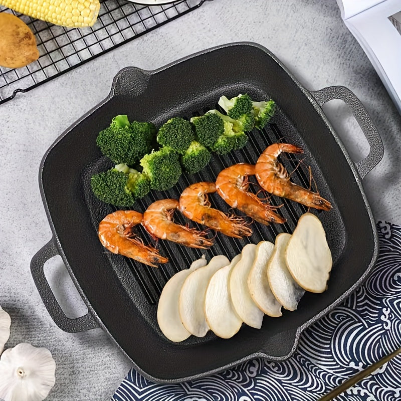 Square Striped Steak Pan: Durable Cast Iron, Non-Stick Coating, Oven-Safe Skillet for Gas & Induction Stoves - Ideal for Autumn Grilling Outdoors