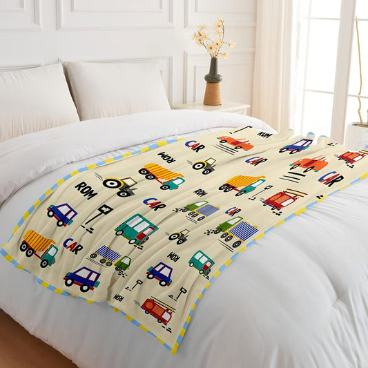 This modern cartoon car and truck print flannel wearable blanket is tear-resistant, soft, and warm. Made from a cozy knit fabric, it's perfect for boys and girls to snuggle up with. The digital print design makes it ideal for napping on beds, sofas, or