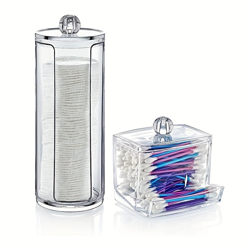 Set of 2 clear canisters with storage box for bathroom items like cotton balls, swabs, and pads.