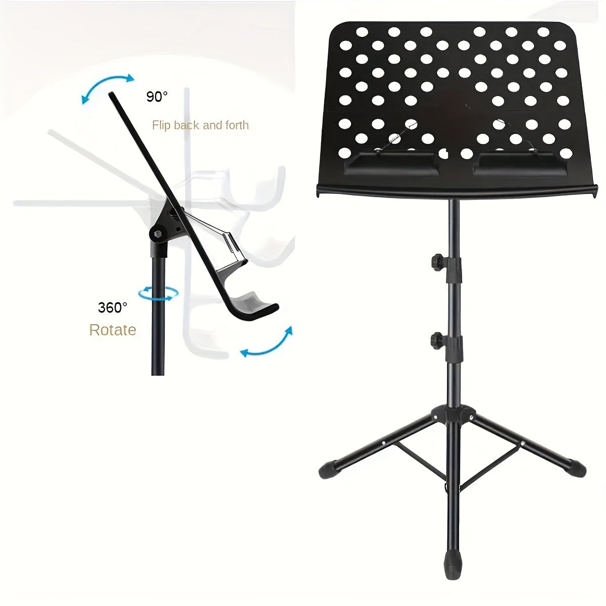 Foldable music stand with adjustable height and carrying bag. Durable alloy construction, ABS panel. Suitable for various instruments. Black color.