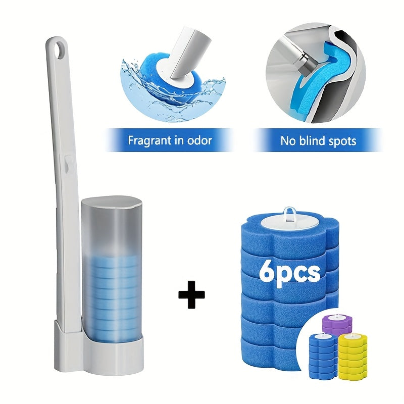 Complete Bathroom Cleaning Kit includes 6 Disposable Soft Brush Heads with Ocean Scent - Easy to Use, No Electricity Needed. Features Self-Standing Toilet Brush with Handle and Wall-Mount Accessories. Effectively Freshens and Cleans, Reaching all Areas