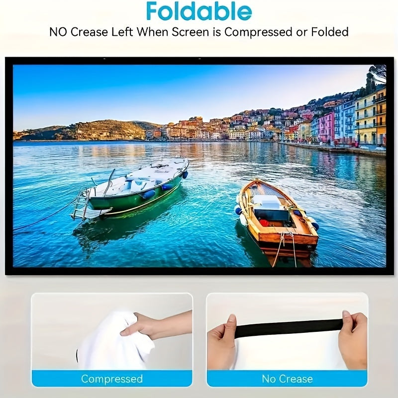 150-inch foldable 4K Ultra HD projector screen with wrinkle-proof polyester fabric, 16:9 aspect ratio. Ideal for home and outdoor use, compatible with dual-sided projection.