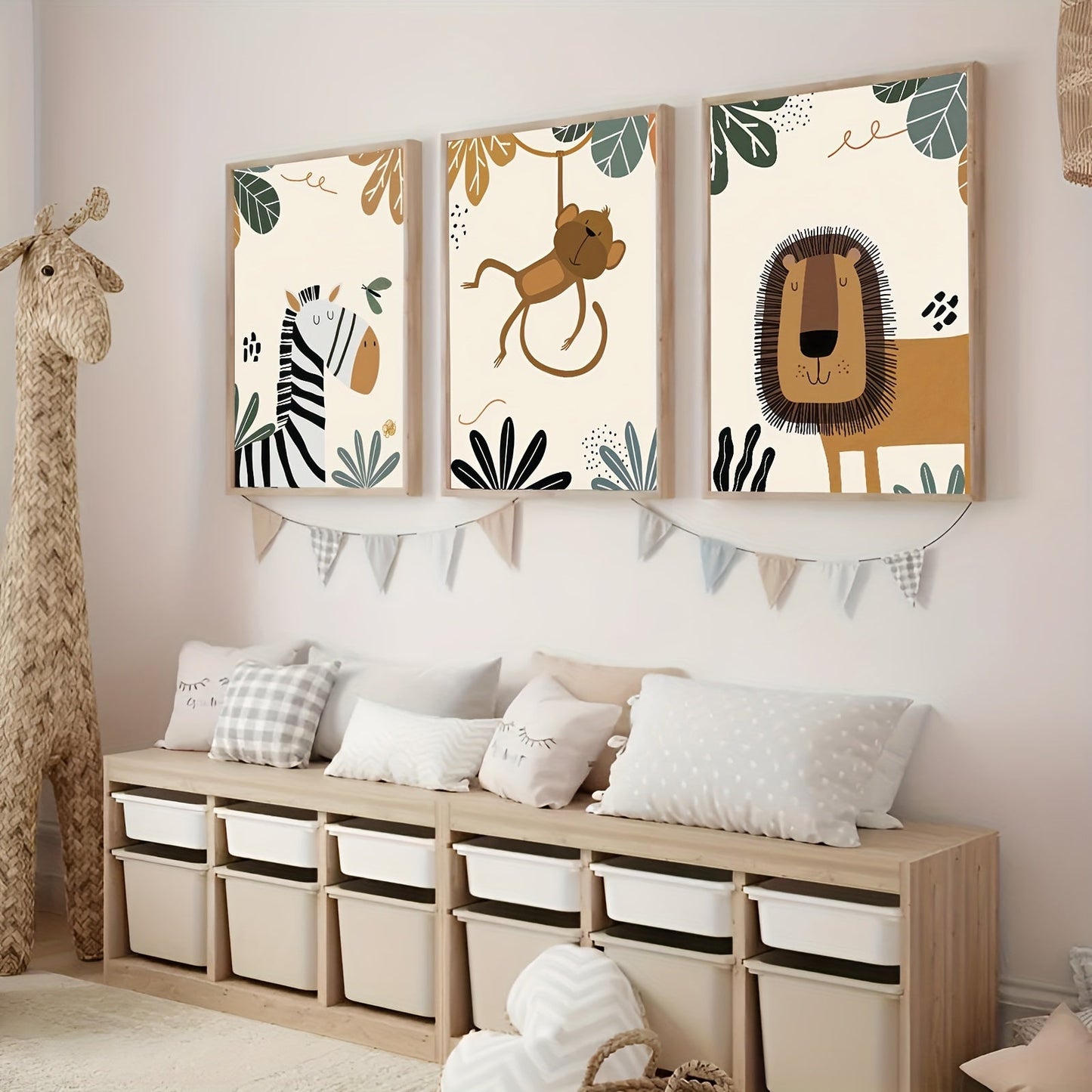 Bohemian Safari Animal Wall Art Prints Set featuring Lion, Monkey, and Zebra - 3 pieces, Frameless, Reusable, Made from Plant Materials, Perfect for Children's Bedroom & Nursery Decor, Canvas Posters for Home Living Space, Suitable for Ages 14 and Up.