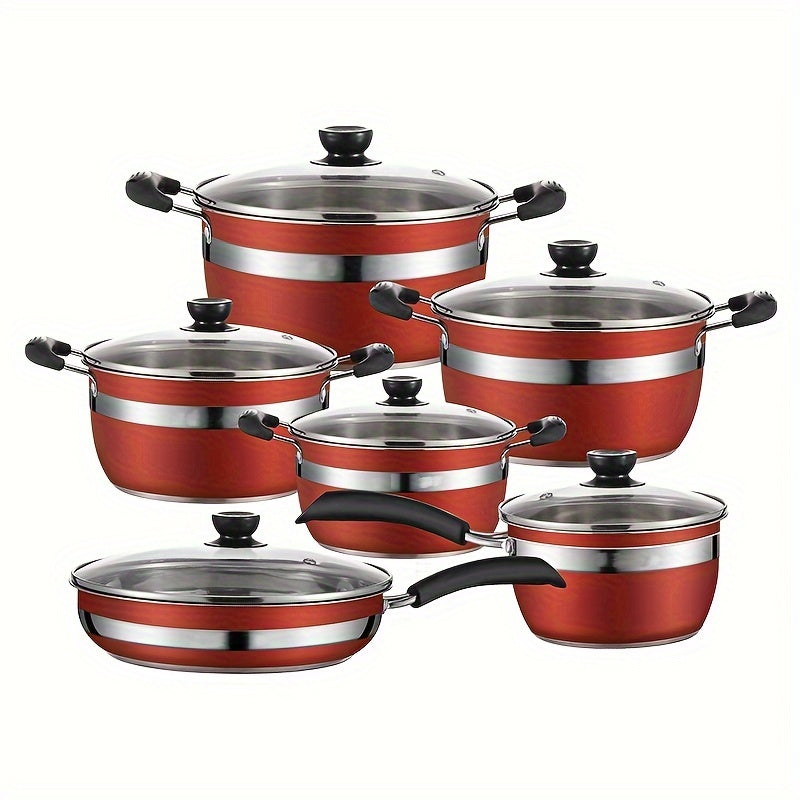 Durable Kitchen Essentials: 12-Piece Stainless Steel Cookware Set with Non-Stick Induction Cooktop Safe Pots and Pans, Featuring Glass Lids