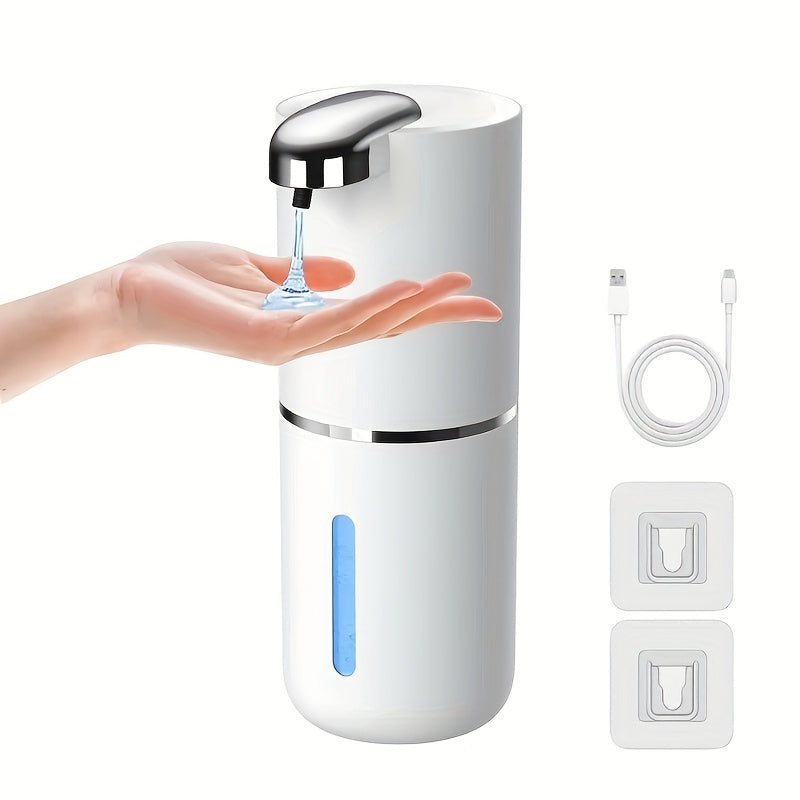 Wall-mounted 380ml Soap Dispenser with USB rechargeable battery offers touchless hand & lotion pump operation. Made of plastic with multi-level foaming press for bathroom use.