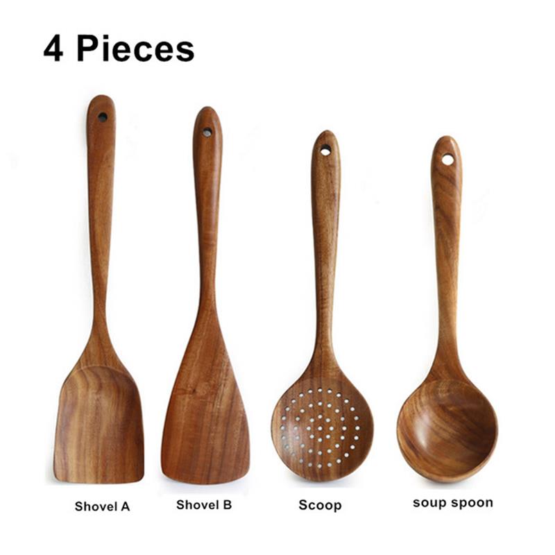 Set of 4/7 pieces of kitchen tools made from natural teak wood from Thailand, including spoons, ladles, turners, colanders, skimmers, and scoops, suitable for cooking and serving in the kitchen.