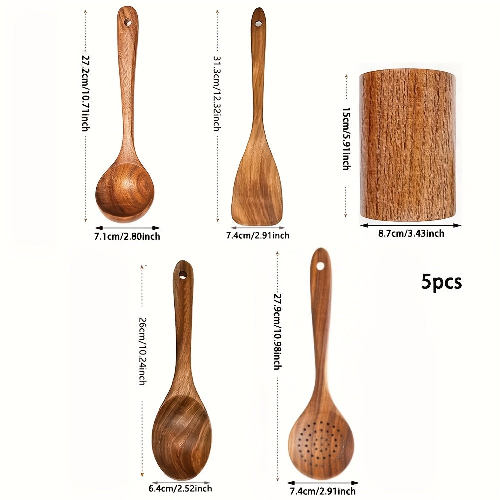 Set of 5 wooden kitchen utensils with holder - premium cooking spoons and tools for use at home or in restaurants