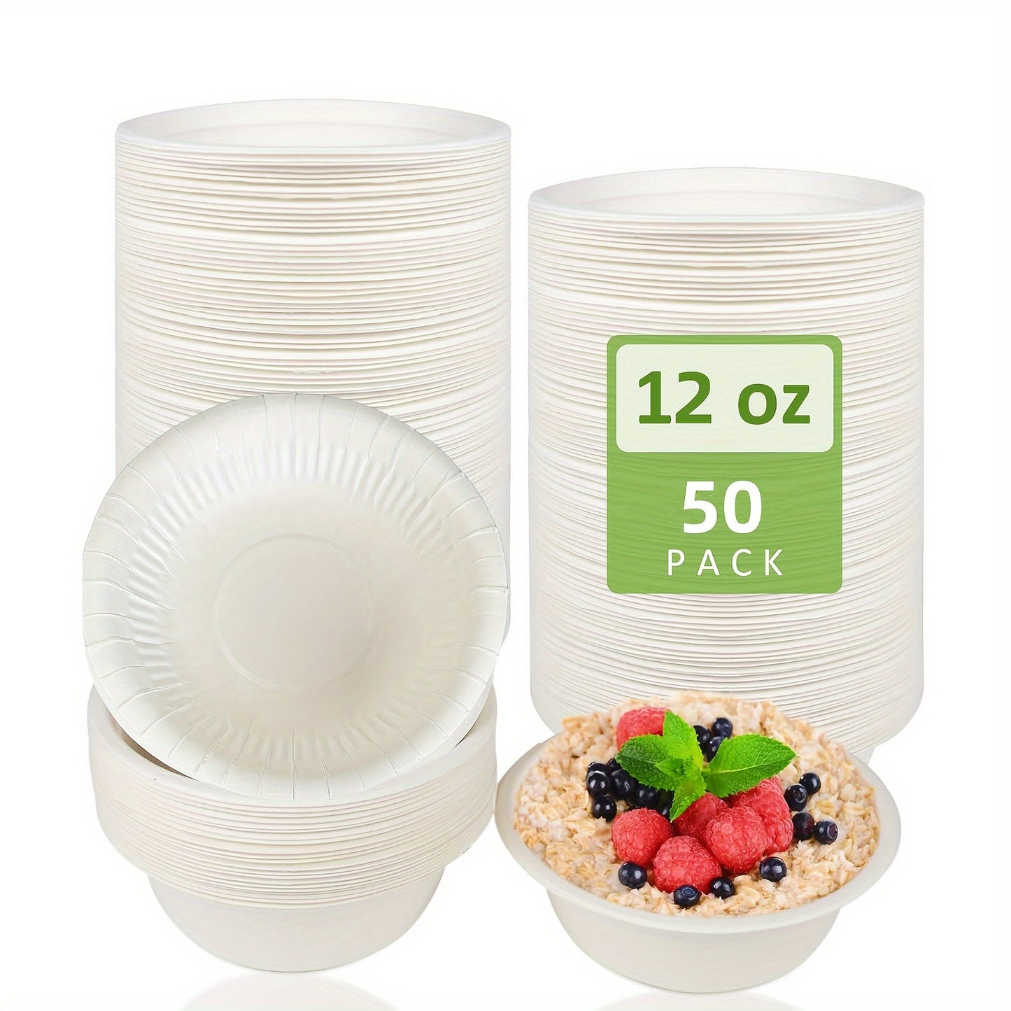 Bulk pack of 50/25 pieces of 12oz disposable paper bowls, suitable for serving snacks, salads, and other foods. Perfect for weddings, birthdays, showers, Christmas, Thanksgiving, and other celebrations. Ideal for serving hot or cold dishes.