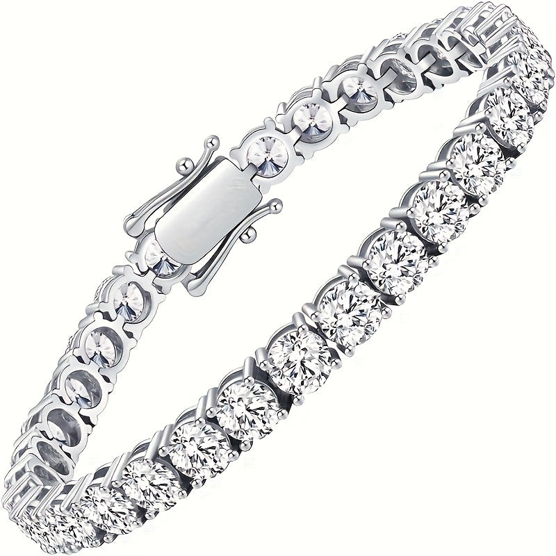 A luxury Mozambique Stone tennis bracelet with a stunning 10.5-14 carats laboratory-created simulated diamond design made specifically for women. This exquisite bracelet is made with 18k white golden plated 925 sterling silver. The 5mm D color VVS1 round