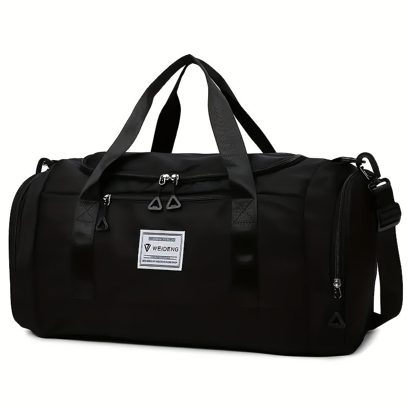 Black Oxford cloth gym duffel bag with shoe compartment; hand washable for sports and travel.