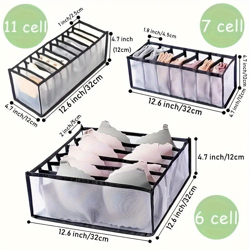 3-piece lightweight storage box with grids for underwear, socks, and jeans.