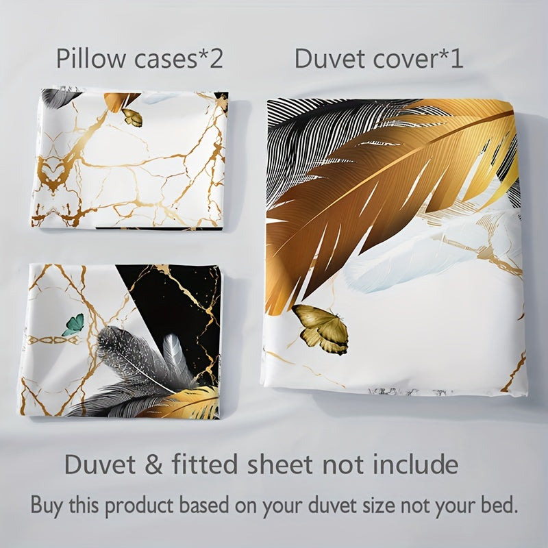 3-piece soft and breathable duvet cover set in black and white marble feather print, including 1 duvet cover and 2 pillowcases (no insert), suitable for all seasons.