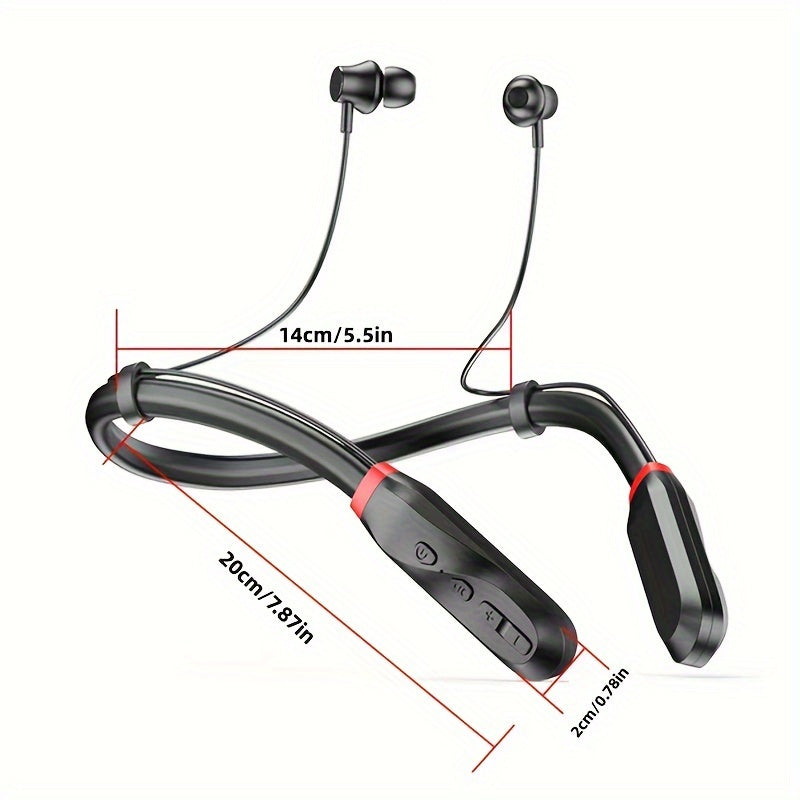 Sporty wireless earbuds with microphone and neckband for running.