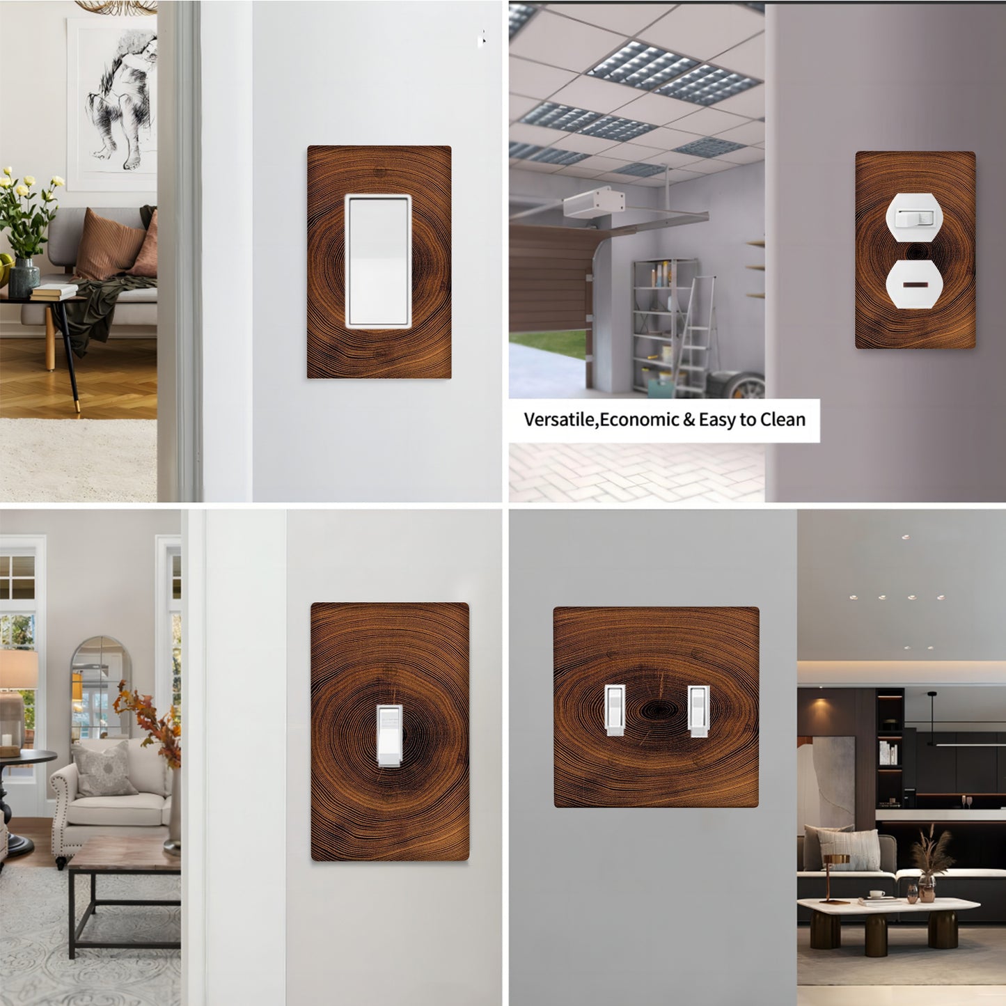 Wood wall panel with decorative light switch and socket cover featuring wood grain ring pattern. Easy to install indoors or outdoors without needing power.