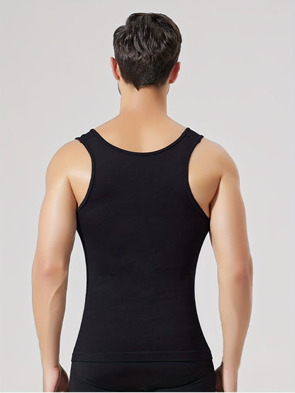 Men's Thermal Compression Tank Top for Abdomen Slimming, Sleeveless, Casual Style, Hand Washable, High-Stretch Nylon Fabric.