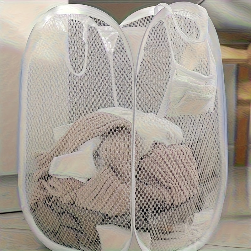 New design Pop-Up Laundry Hamper features convenient handles and a high storage capacity. This foldable polyester mesh basket is perfect for storing clothes in any room of the house. Liner not included. Made with durable polyester fabric and versatile