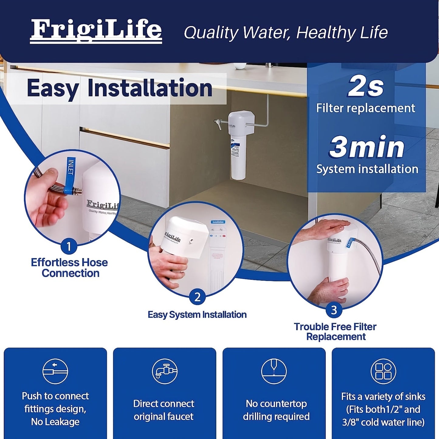 The 1pack FrigiLife Under Sink Water Filter System is a high-capacity solution for clean drinking water. With the ability to filter up to 22,000 gallons, this system connects directly under your counter to remove chlorine, large particles, bad taste, and