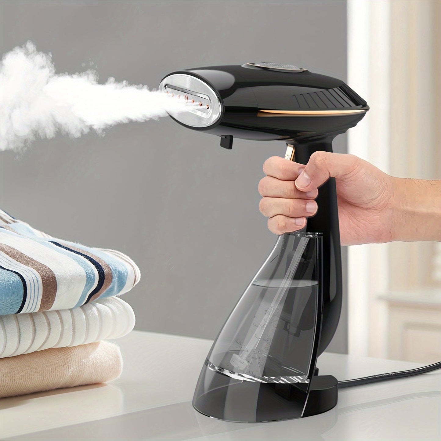 The Handheld Garment Steamer is a powerful 1500W device that heats up quickly, featuring a large water tank and automatic shut-off. With continuous steam capabilities and a durable metal and plastic construction, this steamer effectively removes