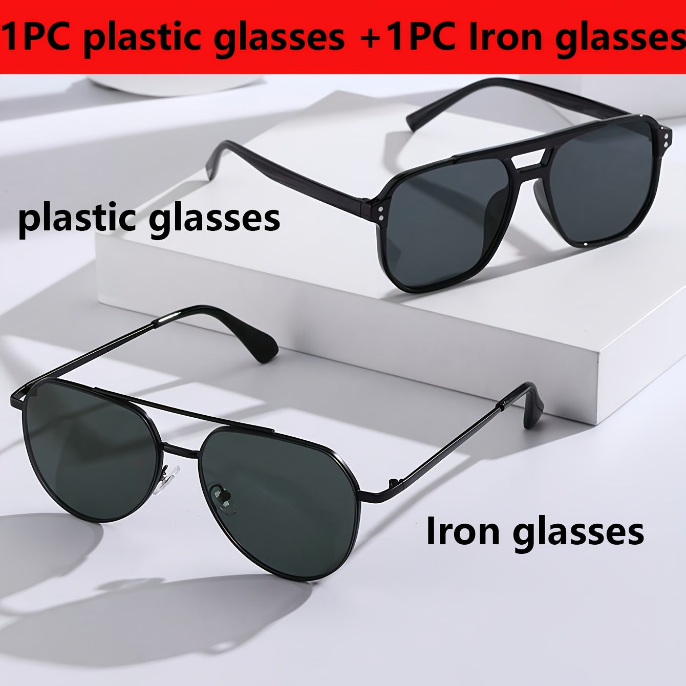 2pc Men's Geometric Double Bridges Frame plastic and iron fashion glasses for daily attire.