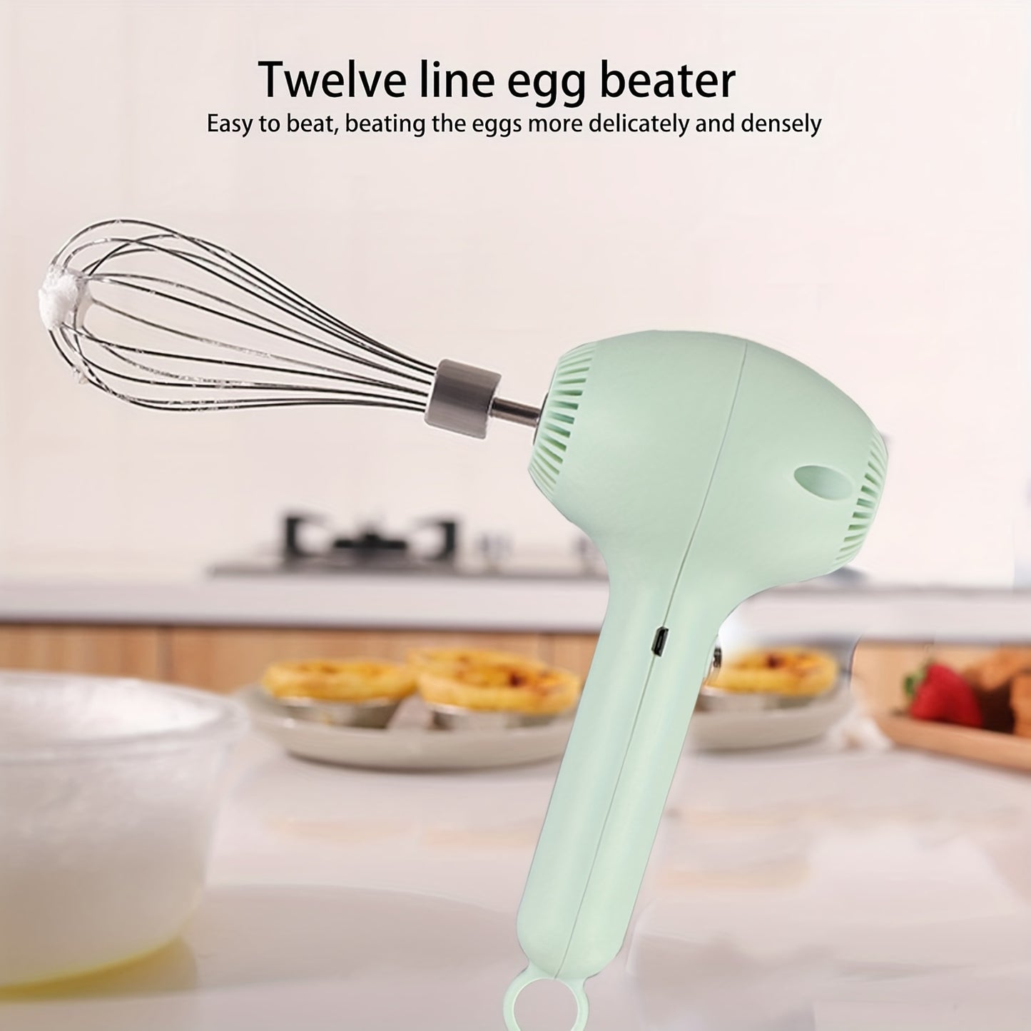 Rechargeable electric eggbeater and whisk for home bakers and professionals, cordless and portable, perfect for cakes, cookies, muffins, and more.