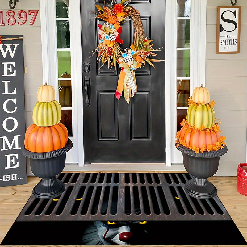 One piece of a non-slip, machine washable polyester door mat with a Halloween theme featuring "The Sewer Clown Has Two Pairs of Eyes Below." Available in sizes 15x23, 19x31, 23x35, and 31x47 inches, suitable for indoor and outdoor use in bedrooms, rooms