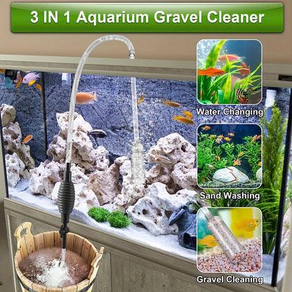 Aquarium cleaner pump with outlet valve for fish tanks, easy-to-use, manual water changer & gravel/sand cleaning tool, available in gray+white colors, 150cm/170cm length.