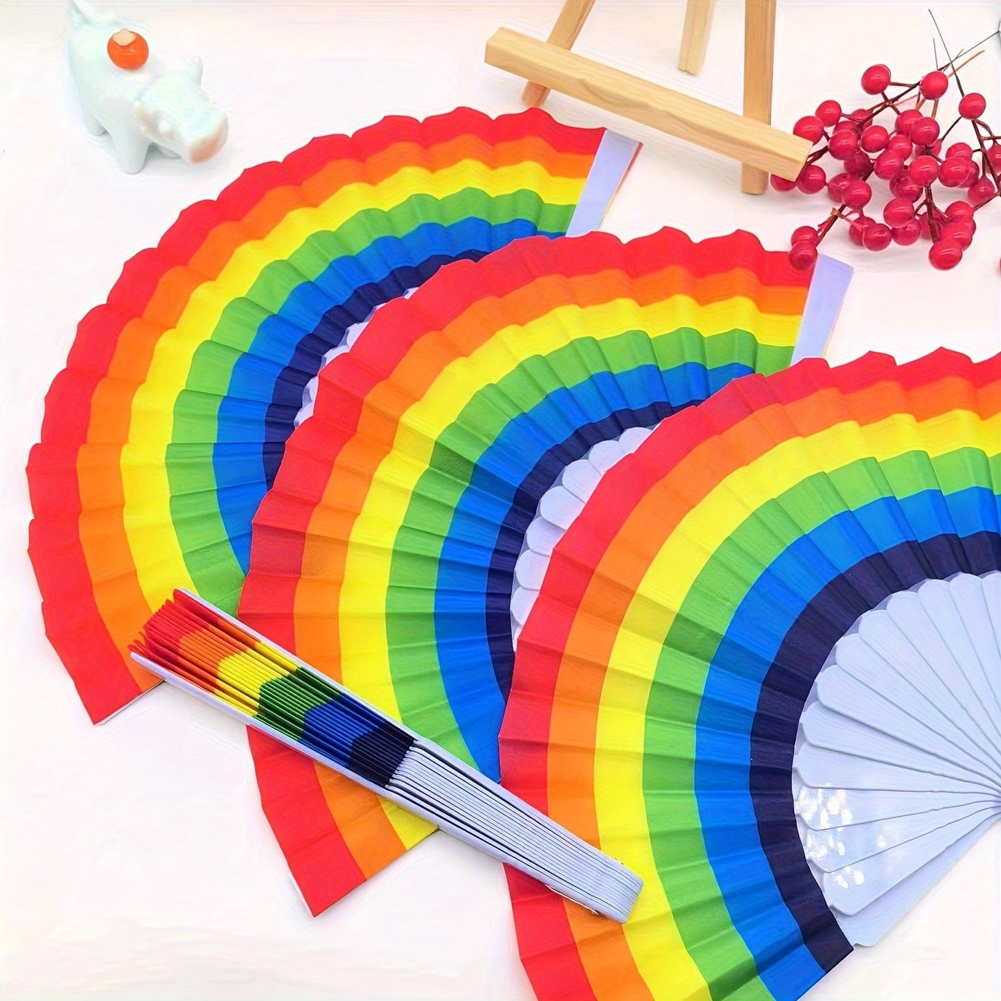 Set of 3/6/12 Elegant Rainbow Folding Fans, Dance Props, Fabric Handheld Fan Set, Vibrant Party Favors And Decorations