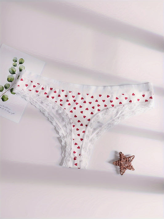 Heart print thongs with low waist lace, sexy women's underwear.