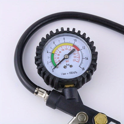 High-precision tire pressure monitor with digital gauge for vehicles, featuring ergonomic handle, metal nozzle, easy-to-read dial, and durable construction. Ideal for car maintenance and