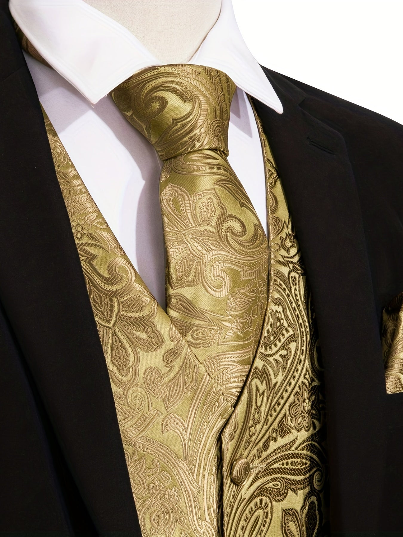 Royal golden floral jacquard V-neck vest suit set for plus size men, perfect for weddings.