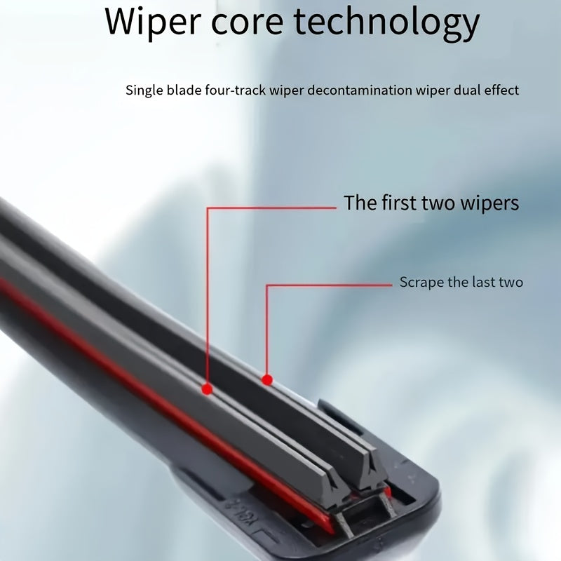 Quiet and durable 4-layer J/U hook wiper blades with 4 rubber strips in sizes ranging from 35.56 cm to 71.12 cm, suitable for all cars.