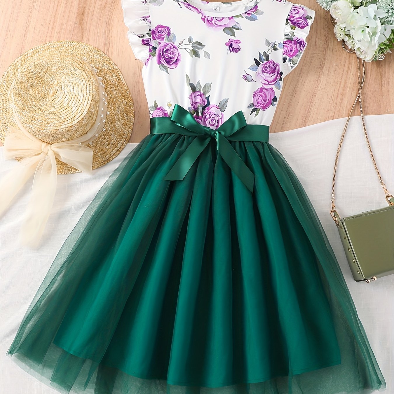 1pc Floral Print Girl's Dress: Elegant polyester summer dress with bow detail and spaghetti straps for children.