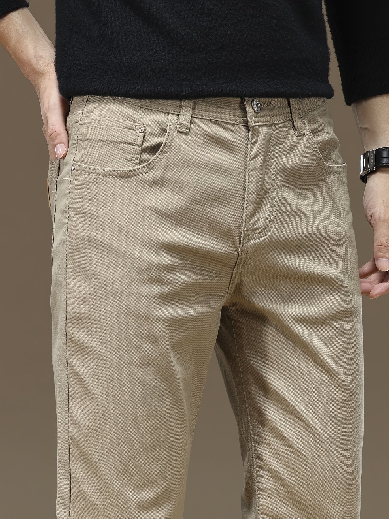 Men's cotton chinos with slight stretch and button fly closure - versatile for casual or business wear all year round