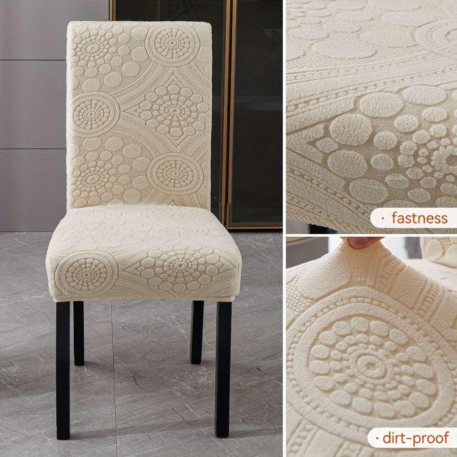 Boho style chair slipcovers available in sets of 6, 8, or 10. Made of stretch jacquard fabric with a slipcover-grip feature, these waterproof and machine washable polyester covers are designed for dining, office, banquet chairs, and home decor. Easy to