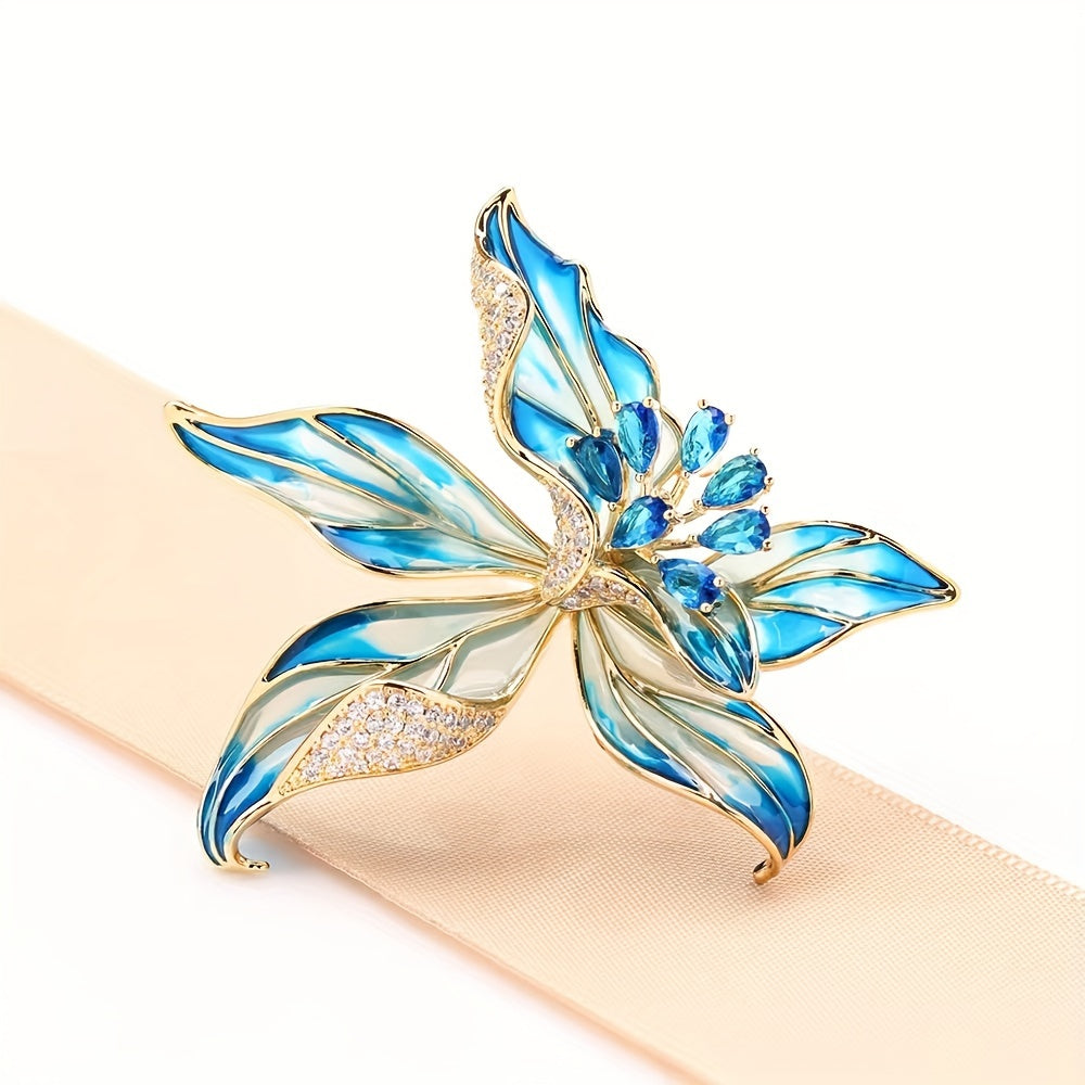 Vintage-inspired alloy flower pin with elegance enamel orchid and sparkling zirconia, perfect for suits and dresses.