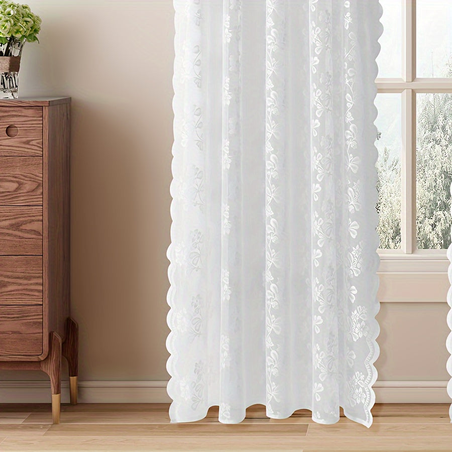 Elegantly designed Korean-style floral lace sheer curtain features a rod pocket design for easy hanging. Provides UV protection and is perfect for adding a touch of sophistication to living room and balcony decor.