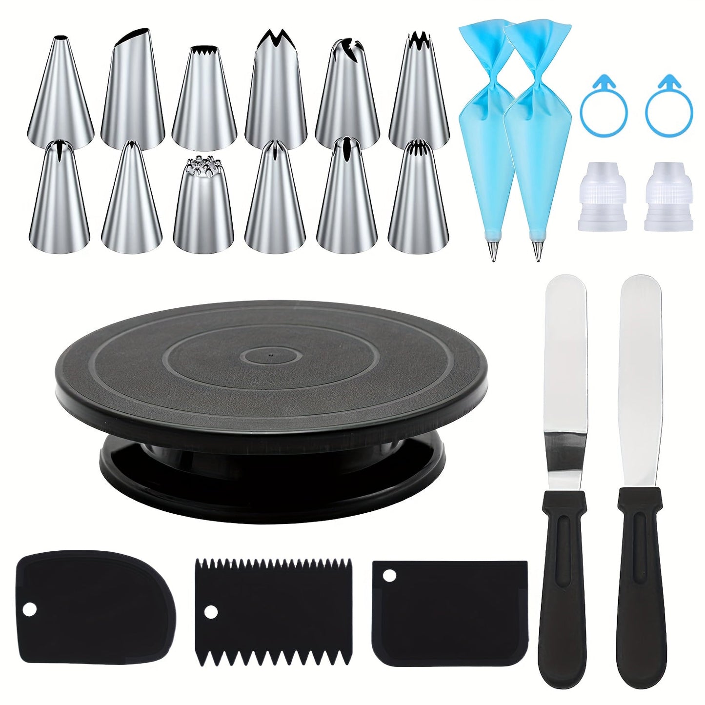 Cake decorating set includes 24 stainless steel piping nozzles, 12 piping nozzles, 1 cake turntable, 2 reusable piping bags, 2 silicone rings, 2 converters, 2 cream spatulas, and 3 cream scrapers. Perfect for creating beautifully decorated cakes and